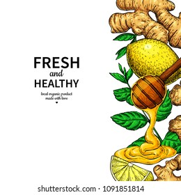 Honey, ginger, lemon and mint vector border drawing. Wooden spoon, honey drop, herb and fruit sketch. Template for tea or cosmetic, alternative medicine, flu treatment. Label, packaging design concept