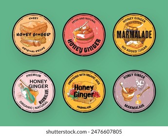 Honey ginger marmalade engraving vintage grunge texture round label design template set vector illustration. Fresh natural sweet dessert original recipe premium quality delicious circle pack sticker