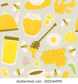 Honey and ginger seamless pattern, vector honey comb and bee, sliced ginger root.