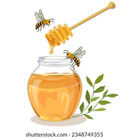 Honey in glass with driped comb honey and bees vector illustration EPS file 