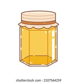 Honey in a glass hexagonal jar with paper lid. Cartoon style. Vector illustration.