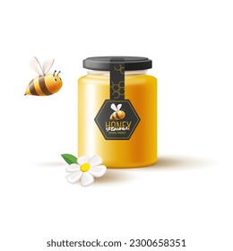 Honey glass jar 3d illustration with bee and white flower, brand packaging, promo banner