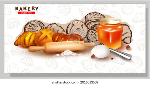 Honey Glass Jar.Egg beater.Pencil hand drawing.Graphic image of sweet roll, pastry, croissant,cheesecake.Croissant.Sketch.Wooden Rolling Pin.3 d  Notebook.Vector Illustration.