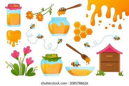 Miel en frasco de vidrio y abeja, conjunto de panecillos. Cuero de miel de madera, caída de agua, líquido y colmena, propóleo, flores, corazón. Producto orgánico natural saludable. Vector de dibujos animados del concepto de diseño de alimentos para paquetes