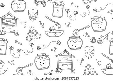 Honey In Glass Jar And Bee, Honeycomb Seamless Pattern. Doodle Wallpaper Honey And Beehive Repeat Boundless. Healthy Natural Product. Scrapbook Design Textile Print, Fills, Fabric, Wrapping Paper