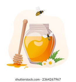 honey in glass jar, bee, wooden honey dipper,  and flowers isolated on white background. Vector illustration of organic natural sweets in cartoon flat style