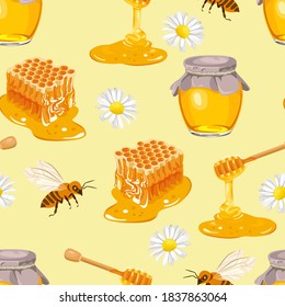 Honey in glass jar, cartoon bee, honeycombs, flowers and flowing honey on wooden dipper isolated on yellow background. Seamless pattern. Vector flat illustration.