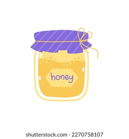 Honey in a glass jar. Cute cartoon print in pastel colors. Vector element isolated on white background