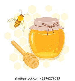 Honey in glass jar with honey dipper and bee. Vector cartoon flat illustration. 