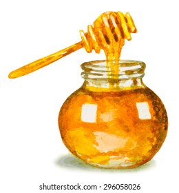 Honey In Glass Jar And A Dipper. Watercolor Vector Illustration