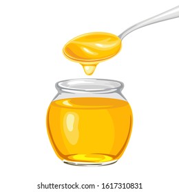 Honey in glass jar and dripping from  spoon isolated on white background. Vector illustration of natural sweets in cartoon flat style.