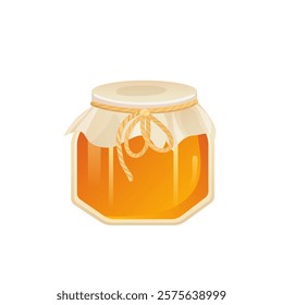 Honey glass jar in flat design. Farm sweet dessert, apiculture product. Vector illustration isolated.