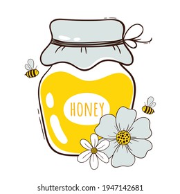 Honey glass jar with flowers and bees. Hand drawn cartoon style vector illustration isolated on white background. Vintage honey jar. 
