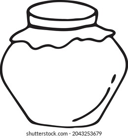 Honey in a glass jar, a hand-drawn contour icon with doodles. Glass jar with honey for the Internet, website, messages, menu, cafe, restaurant.