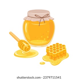 Honey in glass jar, honeycomb, bee and wooden honey dipper isolated on white background. Vector cartoon flat illustration.