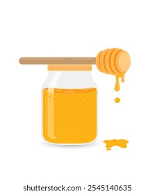 Honey in glass jar, honeycomb, bee and wooden honey dipper isolated on white background. Vector cartoon flat illustration