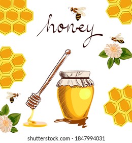 honey in a glass jar, honeycombs, flowers, bees