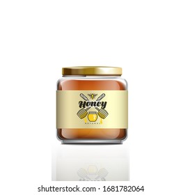 Honey in glass jar with label ready design realistic vector mockup illustration isolated on white background. Honey packaging template for product branding.