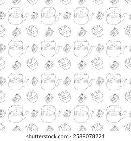 Honey in a glass jar and a metal teapot. Tea with honey. Seamless pattern. Doodle style.