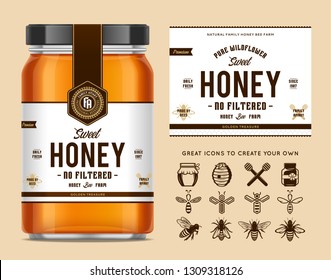 Honey glass jar mockup with label and icons for apiary and beekeeping products, branding and identity. Honey packaging design concept. Food label design.