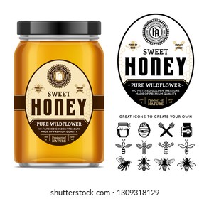 Honey glass jar mockup with label and icons for apiary and beekeeping products, branding and identity. Honey packaging design concept. Food label design.