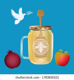 Honey in a glass jar, a spoon, a dove with a laurel branch, a pomegranate, a red apple - vector. Rosh Hashanah, Jewish New Year, Yom Kippur. Banner