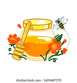 Honey in the glass jar with honey spoon, flowers and flying bee. Vector flat illustration.