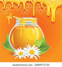 Honey in glass jar with white flower illustration.