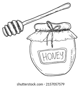 Honey in a glass jar with wooden spoon hand drawn outline doodle icon. Glass jar full of honey and stick line icon for infographic, website or app.