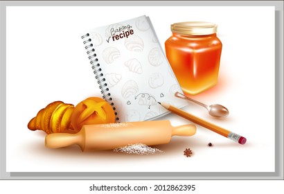 Honey Glass Jar.Pencil hand drawing.Graphic image of sweet roll, pastry, croissant,cheesecake.Croissant.Sketch.Wooden Rolling Pin.3 d  Notebook and Yellow Pencil.Vector Illustration.