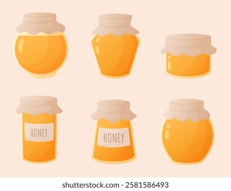 honey glass jars set of objects, sweet nectar, healthy food, design elements, stickers, vector illustration