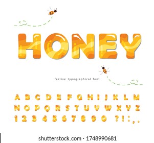 Honey glossy font. Sweet cartoon alphabet isolated on white. Vector