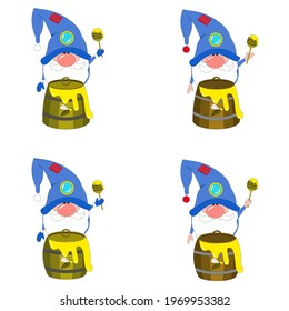 Honey gnome. A dwarf with a barrel of honey. Decor. Decorative element for stickers, postcards, honey holidays, decoration of sweet gifts. Vector illustration
