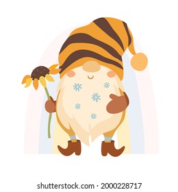 Honey gnome with sunflower. Dwarf in a bee cap