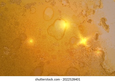 Honey and gold abstract marble texture background. Luxury wallpaper with paint splashes and color waves. Modern liquid art illustration for poster, flyer, brochure design with shining glitter.