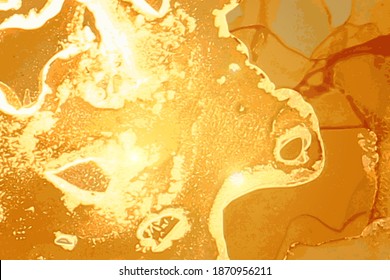 Honey and gold marble abstract pattern. Alcohol ink technique stone texture. Vector background. Modern paint with glitter. Banner, poster design template.