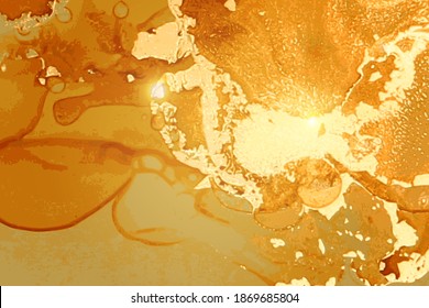 Honey and gold marble pattern. Alcohol ink technique stone texture. Abstract vector background. Modern paint with glitter. Banner, poster design template.