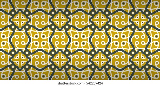 Honey gold yellow geometric seamless pattern in alien style. Colorful, contrast design for game, surface, fabric or other purpose. Equable mosaic repeatable backdrop. Vector background. Retro texture.