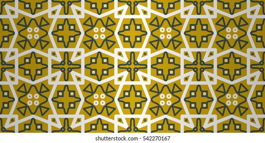 Honey gold yellow ornamental seamless pattern in kaleidoscopic style. Classic tracery. Vector background. Knotty puzzle repeatable backdrop.