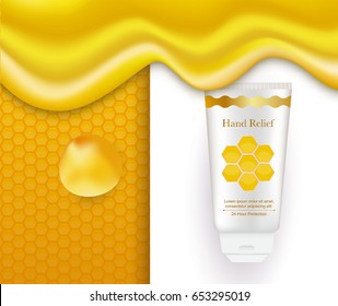 Honey hand cream conceptual vector illustration. Realistic white tube, logo, text, honeycomb pattern, dripping liquid honey flowing. Cosmetic package design. Moisturising hand cream concept.