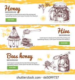 Honey hand drawn banners set with jars of sweet product hive and combs isolated vector illustration