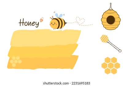 Mano de miel dibujada con cepillo, dibujos animados de abejas, garrote de miel y signos de colmena aislados en ilustración vectorial de fondo blanco.