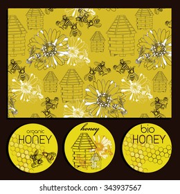 Honey hand drawn decorative icons set with beehive wax cell flying bee isolated vector illustration
