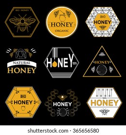 Honey hand drawn decorative icons set with beehive wax cell flying bee isolated vector illustration.Badges and labels design