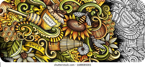 Honey hand drawn doodle banner. Cartoon detailed flyer. Honeyed identity with objects and symbols. Color vector design elements background