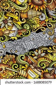 Honey hand drawn doodle banner. Cartoon detailed flyer. Honeyed identity with objects and symbols. Color vector design elements background