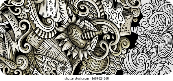 Honey hand drawn doodle banner. Cartoon detailed flyer. Honeyed identity with objects and symbols. Monochrome vector design elements background