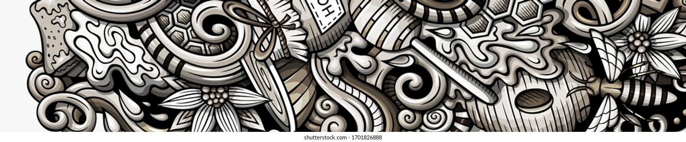 Honey hand drawn doodle banner. Cartoon detailed flyer. Honeyed identity with objects and symbols. Monochrome vector design elements background