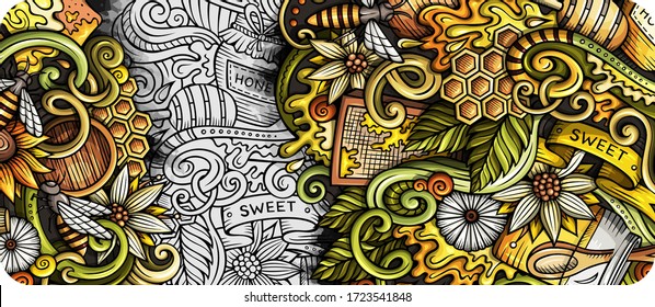 Honey hand drawn doodle banner. Cartoon detailed flyer. Honeyed identity with objects and symbols. Color vector design elements background