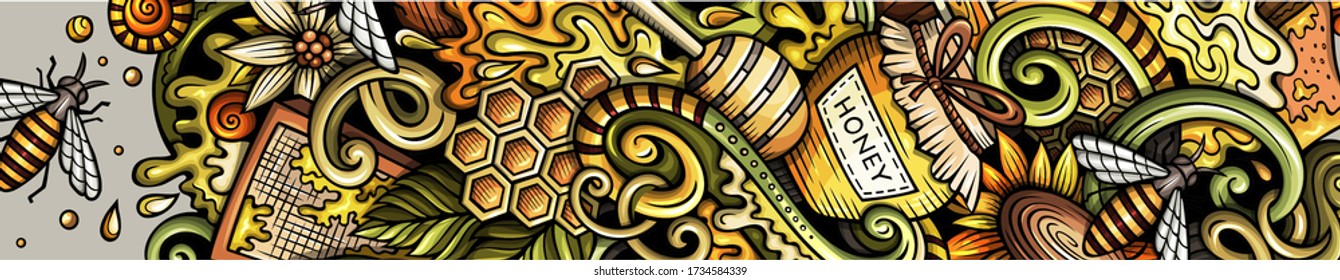 Honey hand drawn doodle banner. Cartoon detailed flyer. Honeyed identity with objects and symbols. Color vector design elements background